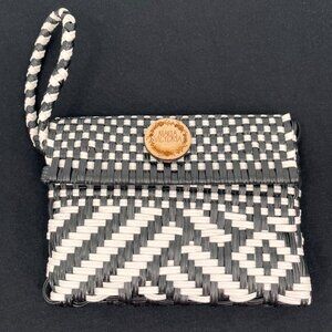Maria Victoria Wristlet Black White Woven PVC Snap Closure Braided Strap